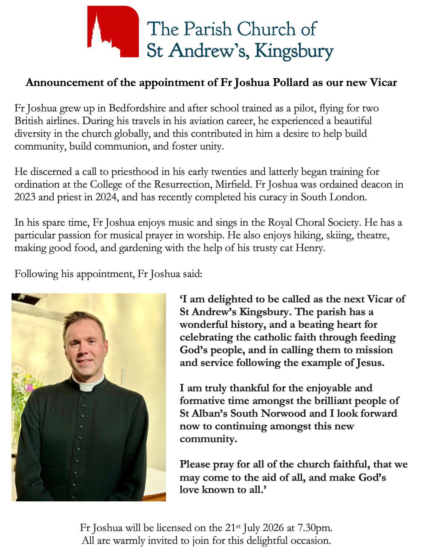 Announcement of the Appointment of Fr Joshua as Vicar of St Andrew’s, Kingsbury