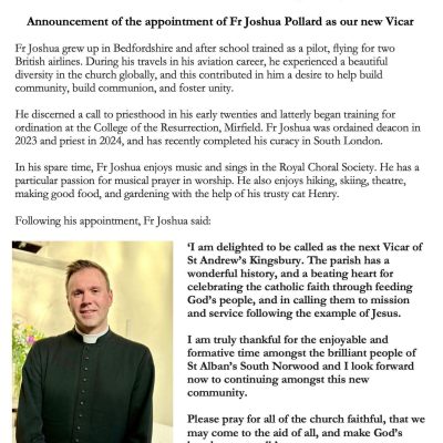Announcement of the Appointment of Fr Joshua as Vicar of St Andrew’s, Kingsbury